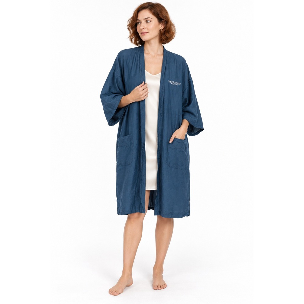 Jim Thompson 100% Thai Silk Kimono Robe OS Blue Pockets Luxury Resort No Belt